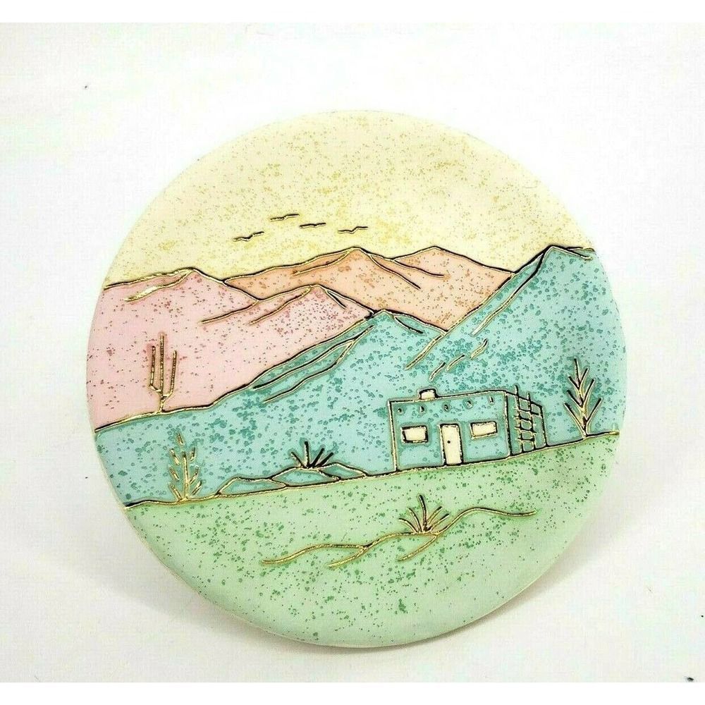 Home Decor Wall Plate Cactus Adobe‎ Mountain Desert Scene Clay Southwestern